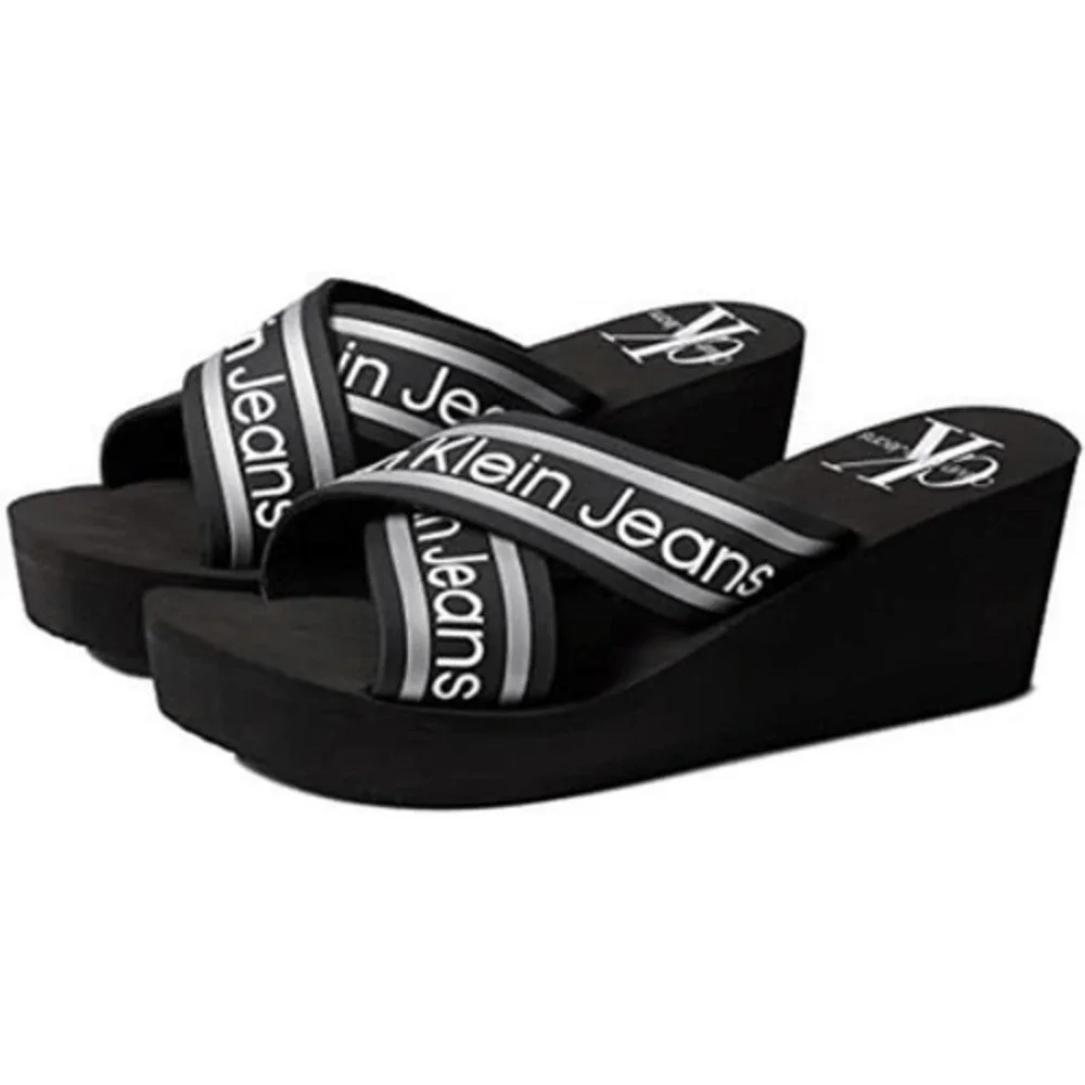 Calvin Klein Sandals Resort Black Logo Crisscross Platform Wedges Size 8.5